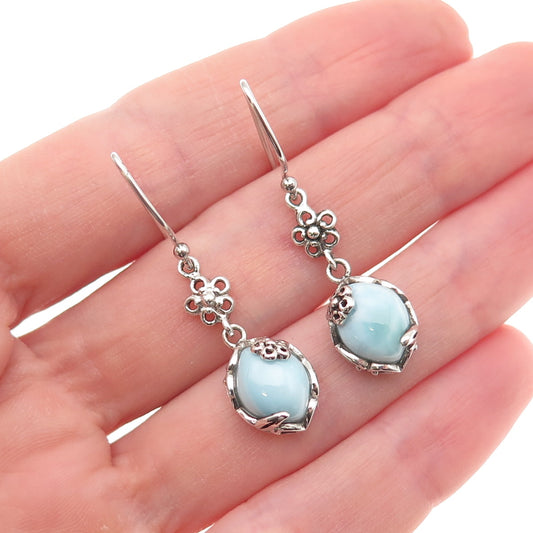 925 Sterling Silver Vintage Real Larimar Floral Dangle Earrings