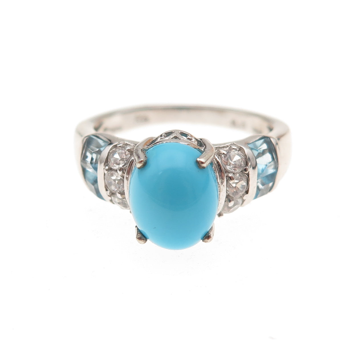 Chuck Clemency 925 Sterling Silver Real Turquoise Blue & White Topaz Ring Size 8