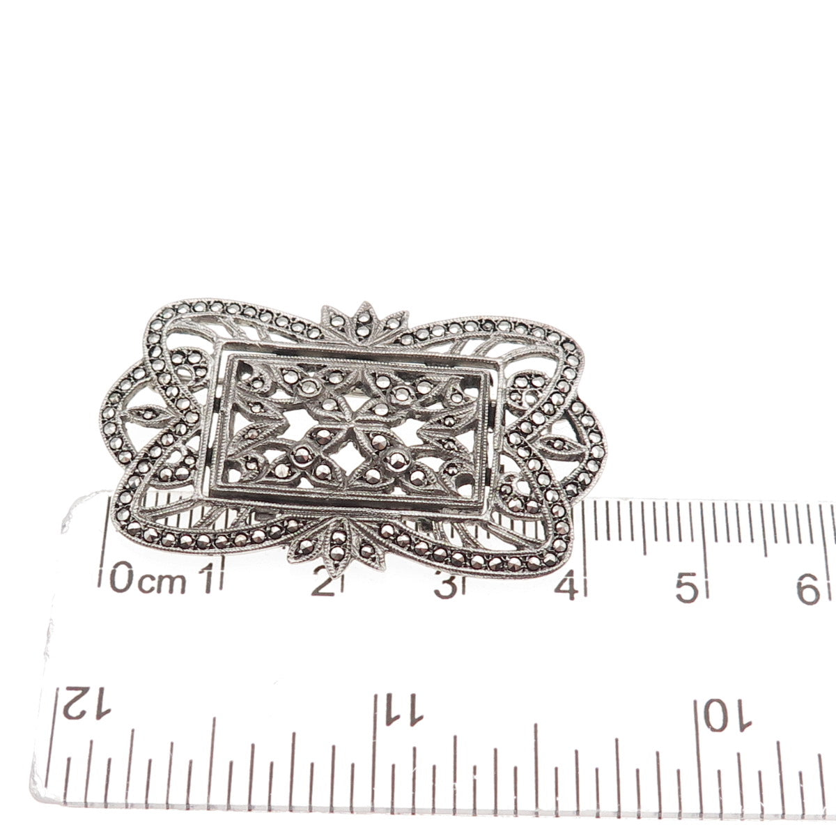 925 Sterling Silver Antique Art Deco Real Marcasite Floral Oxidized Pin Brooch