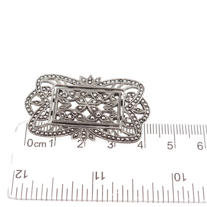 925 Sterling Silver Antique Art Deco Real Marcasite Floral Oxidized Pin Brooch