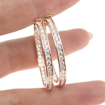 925 Sterling Silver Rose Gold Plated Round-Cut C Z In & Out Hoop Earrings