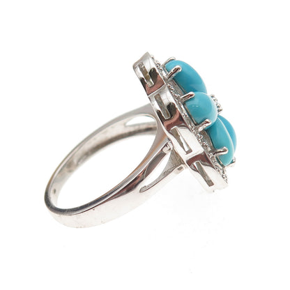 925 Sterling Real Sleeping Beauty Turquoise & White Topaz Floral Ring Size 8