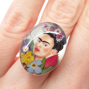 925 Sterling Silver Vintage Enamel Frida Kahlo Pressed Flowers Ring Size 6