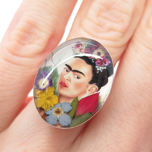 925 Sterling Silver Vintage Enamel Frida Kahlo Pressed Flowers Ring Size 6