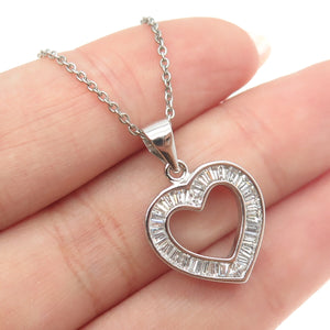 925 Sterling Silver Tapered Baguette-Cut C Z Heart Cable Chain Necklace 16"