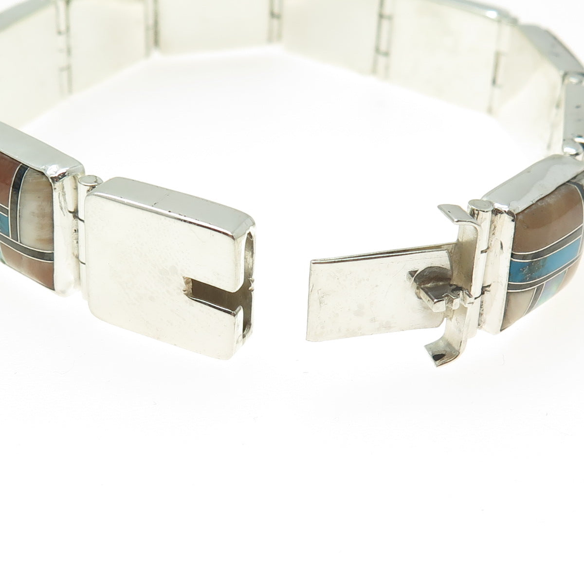 925 Sterling Vintage Southwestern Turquoise Agate Onyx Opal & MOP Bracelet 7.25"