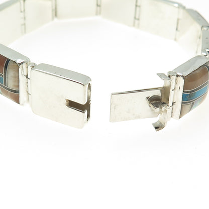 925 Sterling Vintage Southwestern Turquoise Agate Onyx Opal & MOP Bracelet 7.25"