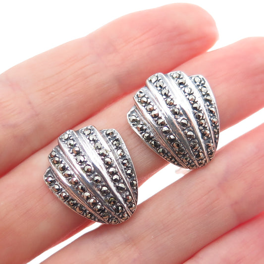 925 Sterling Silver Vintage Real Marcasite Seashell Oxidized Clip On Earrings