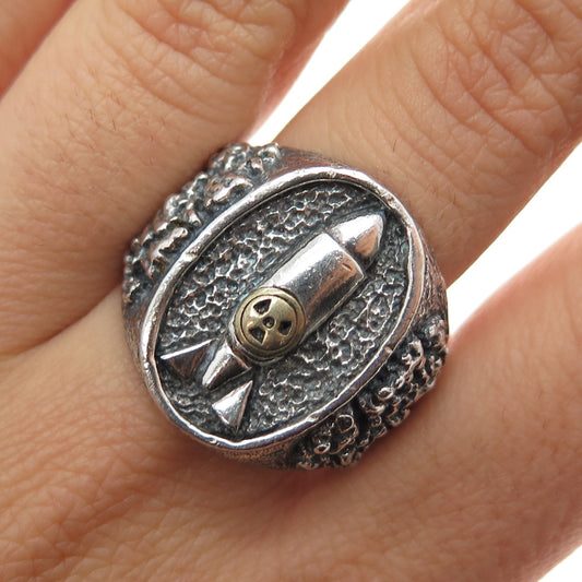 925 Sterling Silver 2-Tone Vintage Nuclear Bomb Biker Oxidized Ring Size 11.25