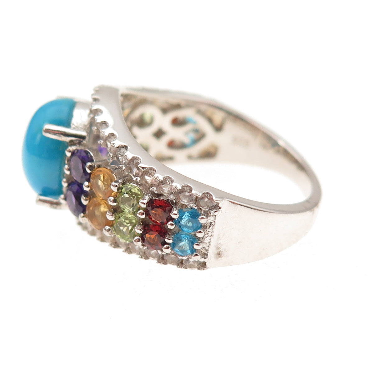 925 Sterling Silver Real Sleeping Beauty Turquoise & Multi-Gem Ring Size 8