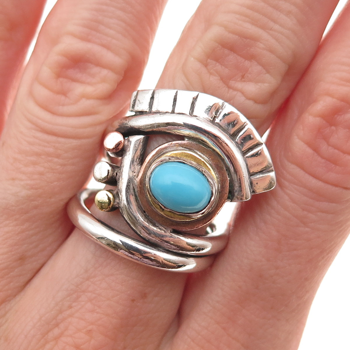 925 Sterling Silver 3-Tone Vintage Real Turquoise Modernist Eye Ring Size 6.75