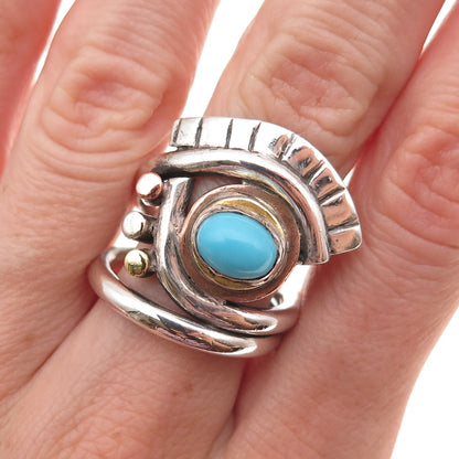 925 Sterling Silver 3-Tone Vintage Real Turquoise Modernist Eye Ring Size 6.75