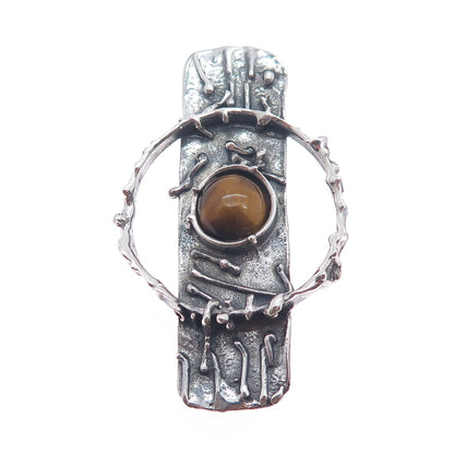 925 Sterling Silver Vintage Real Tiger Eye Modernist Oxidized Pin Brooch Pendant
