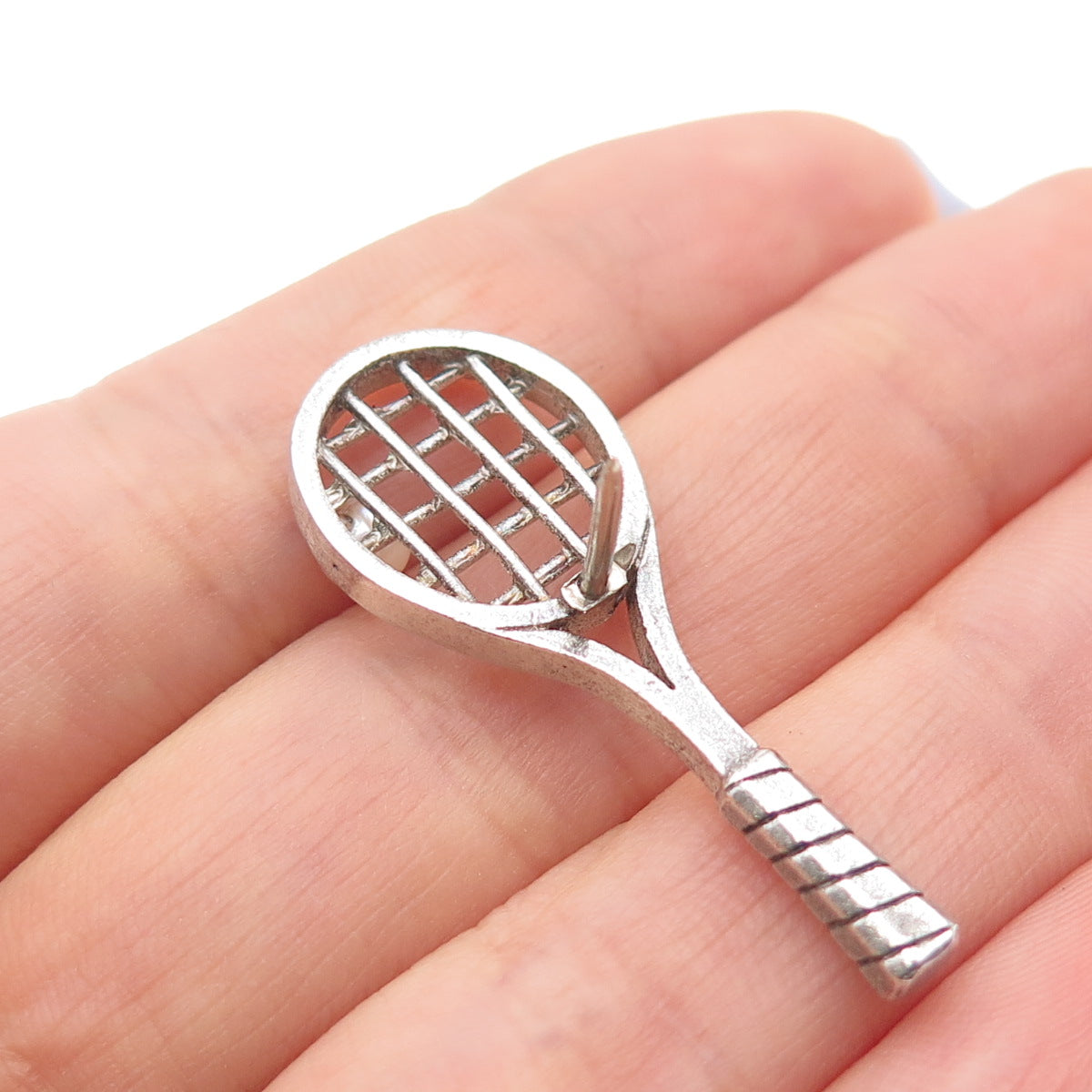 925 Sterling Silver Vintage Real Pearl Tennis Racket Tie Tack / Lapel Pin