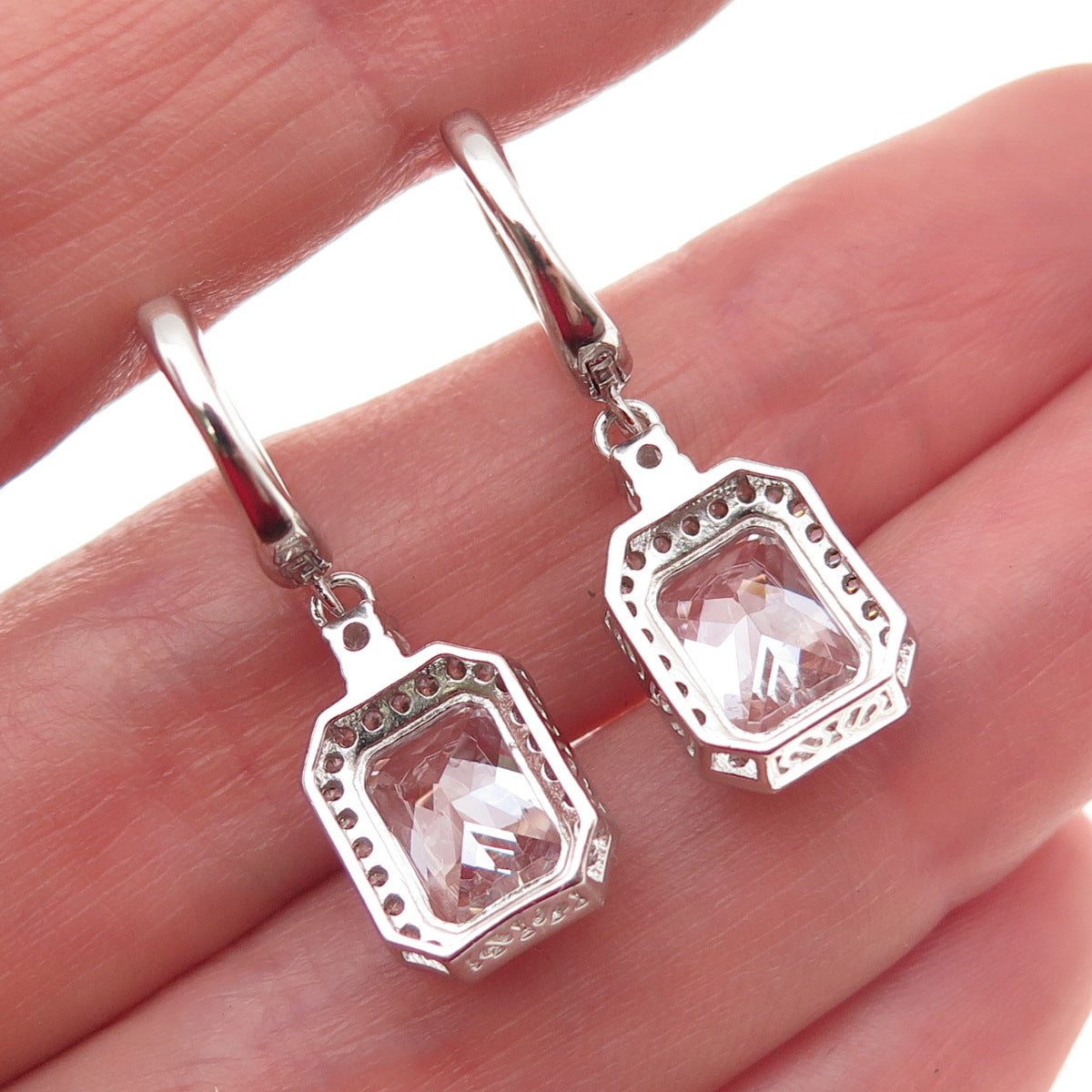 925 Sterling Silver Radiant & Round-Cut C Z Dangle Charm Hoop Earrings