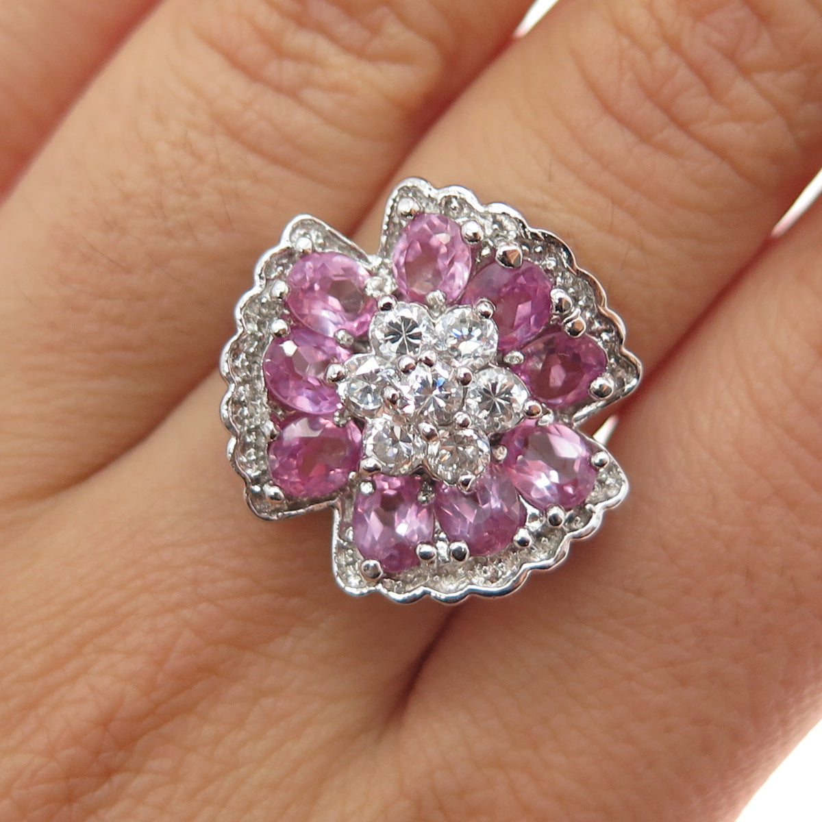 925 Sterling Silver Real Pink Topaz & C Z Flower Ring Size 7.25