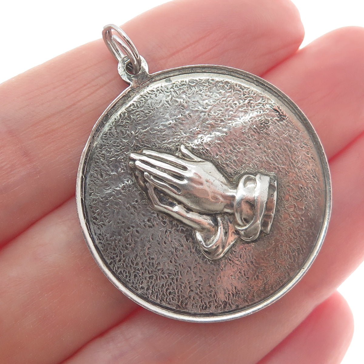 925 Sterling Silver Vintage Hands In Prayer Religious Oxidized Round Pendant