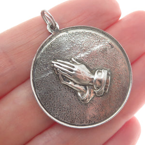 925 Sterling Silver Vintage Hands In Prayer Religious Oxidized Round Pendant