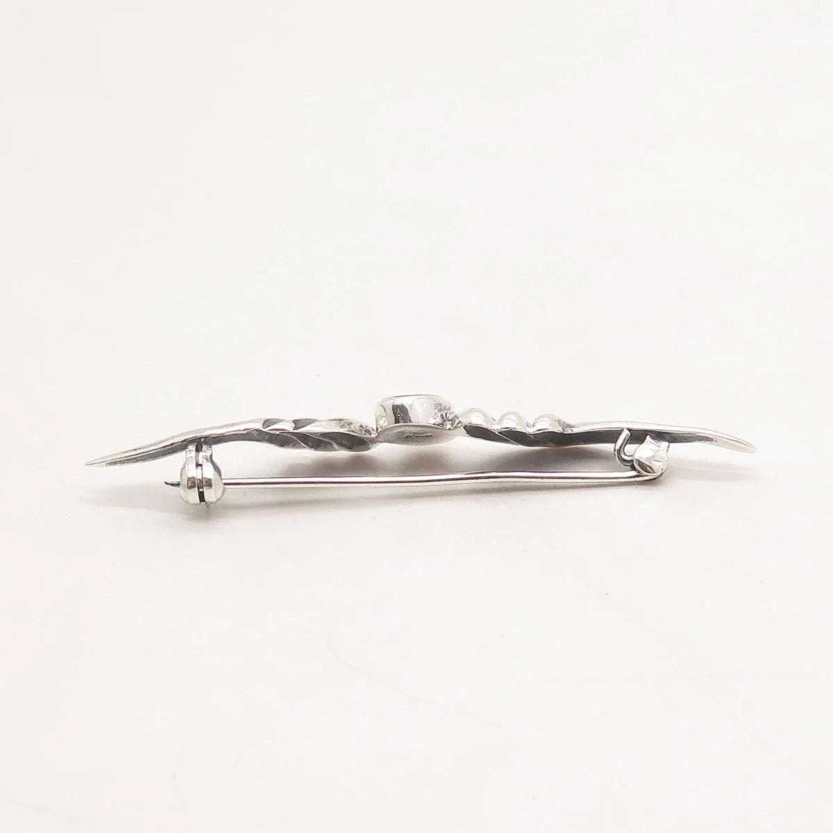 925 Sterling Silver Vintage Real Black Onyx Gemstone Ribbed Pin Brooch