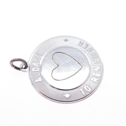 925 Sterling Silver Vintage A Date To Remember Heart Charm Pendant