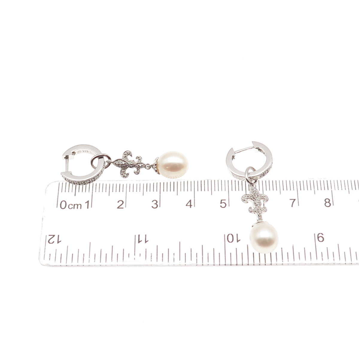 925 Sterling Silver Real Diamond & Pearl Fleur de Lis Charm Hoop Earrings