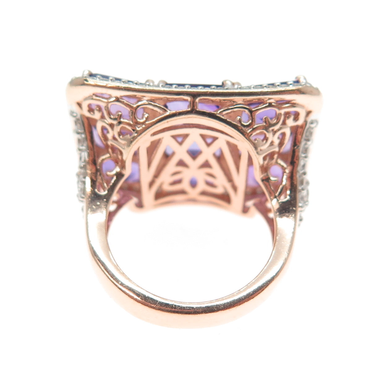 925 Sterling Silver Rose Gold Plated Real Amethyst & White Topaz Ring Size 5.25