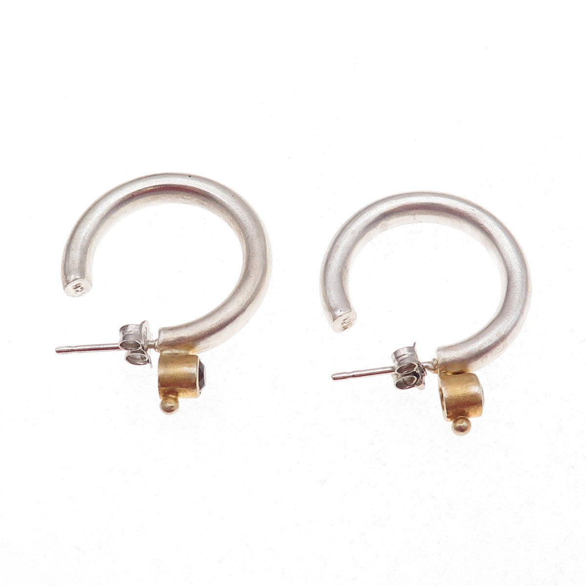 925 Sterling Silver 2-Tone Vintage Real Red Garnet Modernist Hoop Earrings