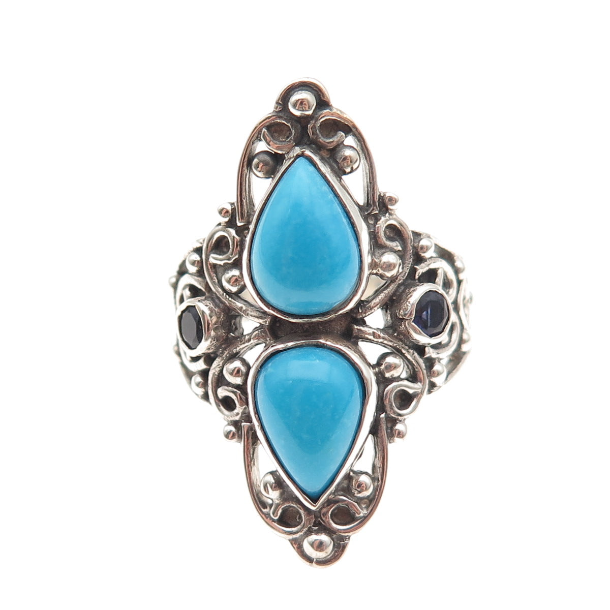 925 Sterling Silver Vintage Real Turquoise & Iolite Oxidized Ring Size 8