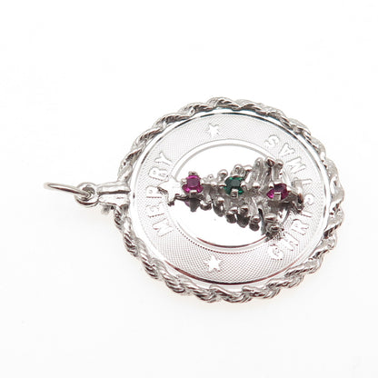 925 Sterling Silver Vintage Rhinestone Merry Christmas Tree Charm Pendant