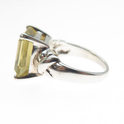 925 Sterling Silver Vintage Real Emerald-Cut Lime Citrine Ring Size 5.75