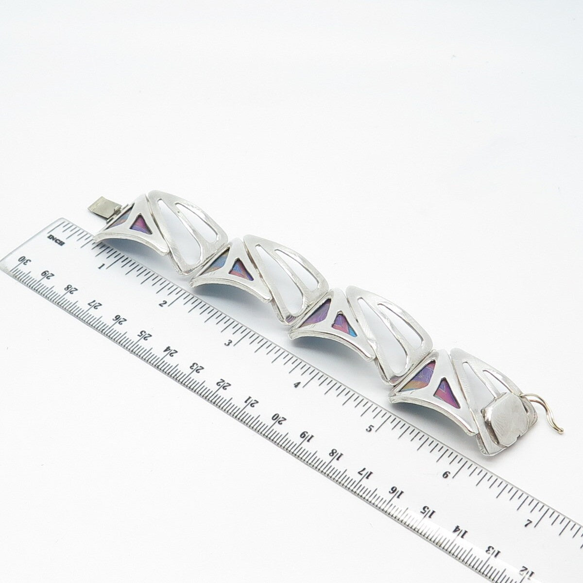 925 Sterling Silver Vintage Kit Horton Glass Modernist Panel Link Bracelet 6.5"