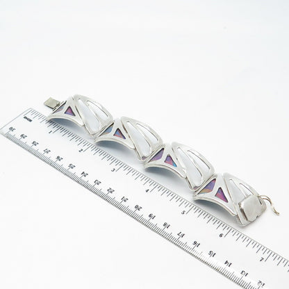 925 Sterling Silver Vintage Kit Horton Glass Modernist Panel Link Bracelet 6.5"