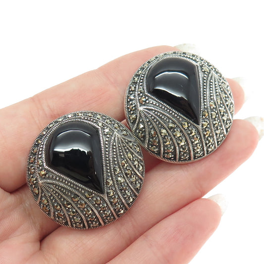 925 Sterling Silver Antique Art Deco Real Black Onyx Marcasite Clip On Earrings