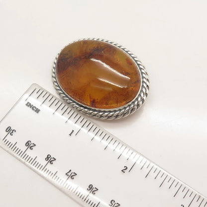 925 Sterling Silver Vintage Real Amber Twisted Oval Pin Brooch
