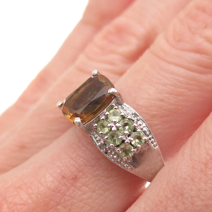 925 Sterling Silver Real Diamond Accent Titanite & Peridot Ring Size 7
