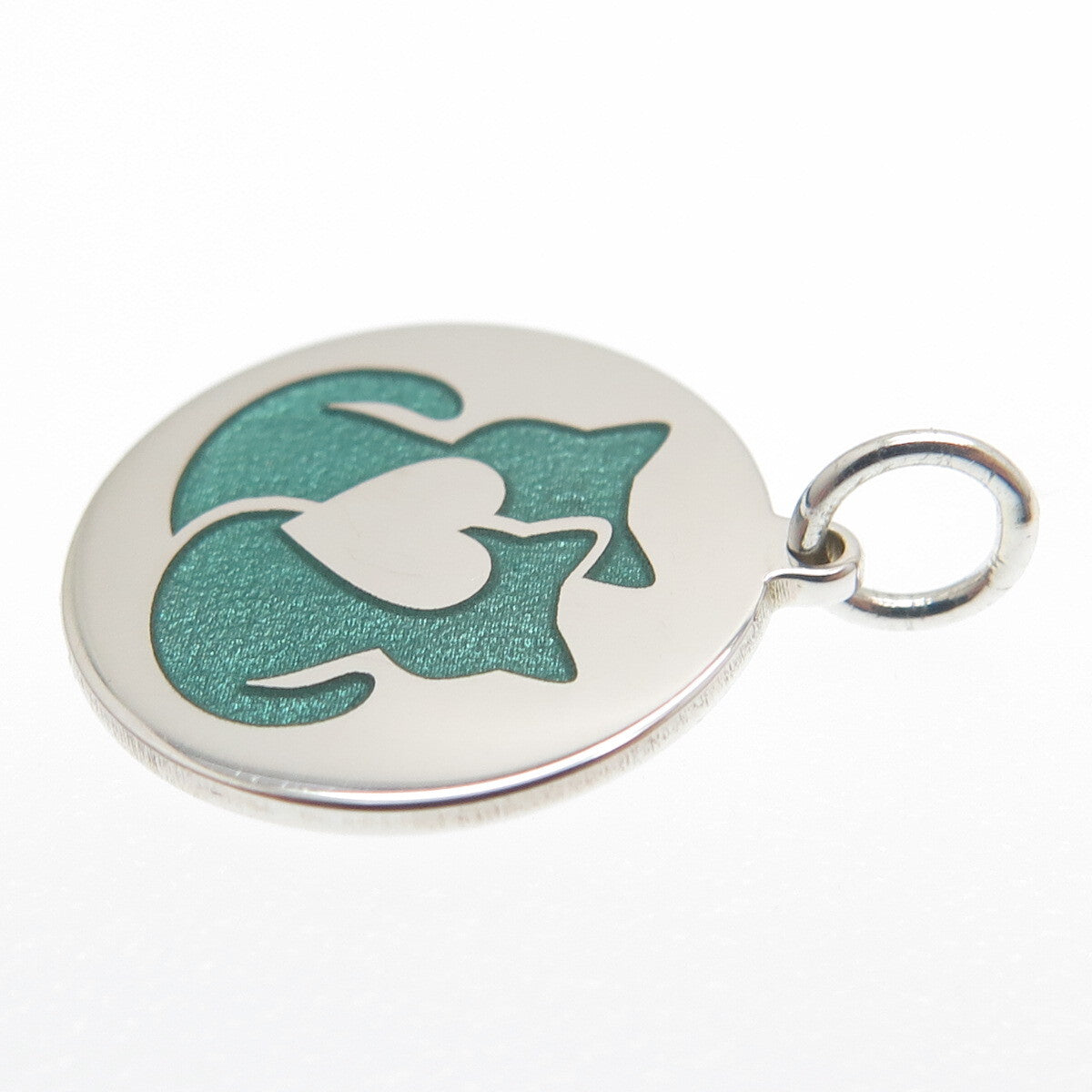 925 Sterling Silver Green Enamel Cat Couple Round Tag Minimalist Charm Pendant
