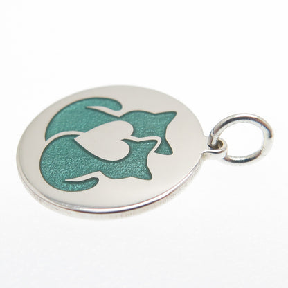 925 Sterling Silver Green Enamel Cat Couple Round Tag Minimalist Charm Pendant