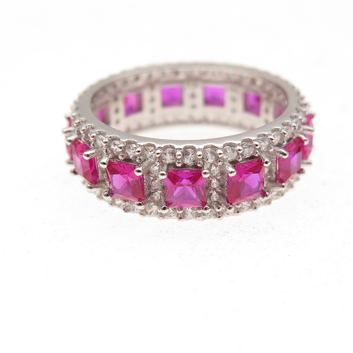 925 Sterling Silver Lab-Created Ruby & C Z All Around Band Ring Size 5.5