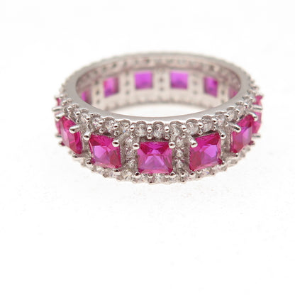 925 Sterling Silver Lab-Created Ruby & C Z All Around Band Ring Size 5.5