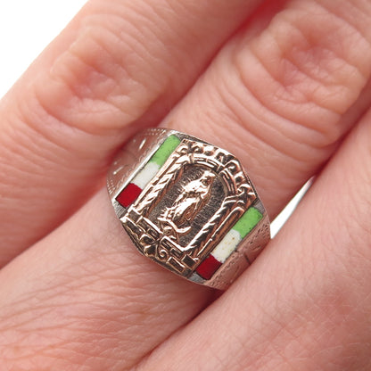 925 Sterling Silver 10K Gold Antique Art Deco Enamel St. Mary Ring Size 4.75