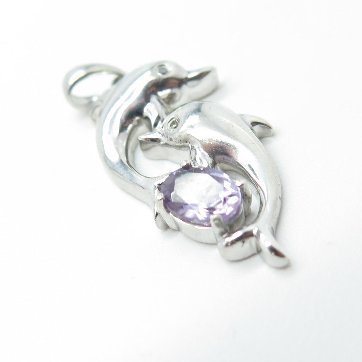 925 Sterling Silver Real Round-Cut Diamond & Amethyst Friendly Dolphin Pendant