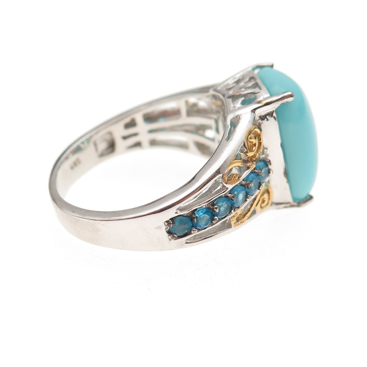 Chuck Clemency 925 Sterling Silver 2-Tone Real Turquoise Apatite Ring Size 8.25