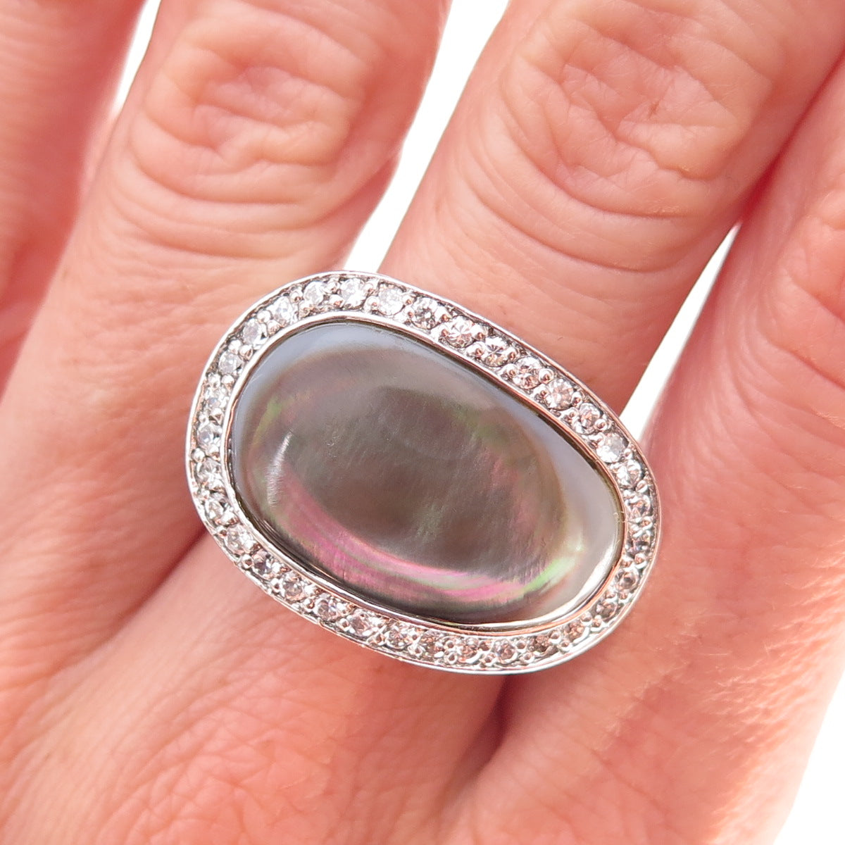 925 Sterling Silver Real Abalone Shell & C Z Modernist Ring Size 7.25