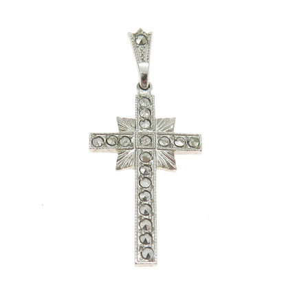 ANN GALE 925 Sterling Silver Antique Art Deco Real Marcasite Gem Cross Pendant