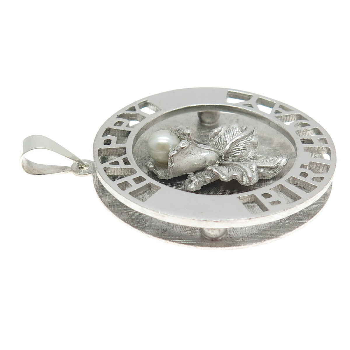 925 Sterling Silver Vintage Real Pearl "Happy Birthday" Floral Pendant