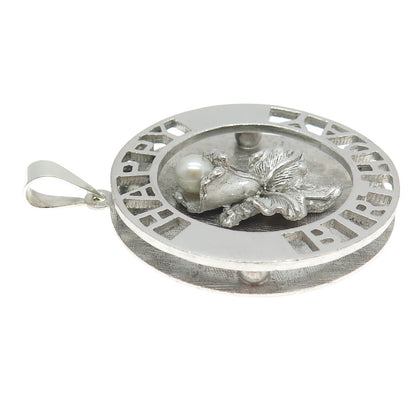 925 Sterling Silver Vintage Real Pearl "Happy Birthday" Floral Pendant