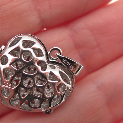 925 Sterling Silver Round-Cut C Z Heart Floral Locket Charm Pendant