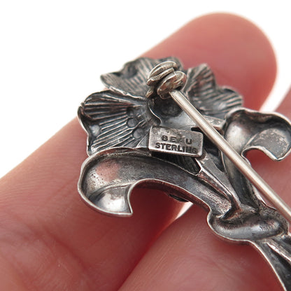 Beau 925 Sterling Silver Vintage Floral Repousse Oxidized Pin Brooch
