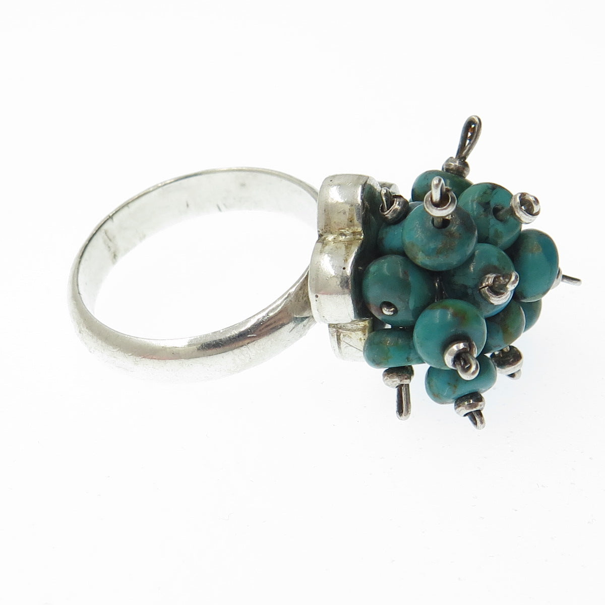 925 Sterling Silver Vintage Real Kingman Turquoise Modernist Beads Ring Size 6.5