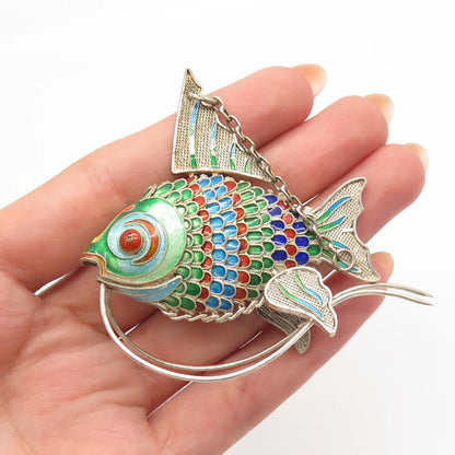 925 Sterling Silver Enamel Antique Chinese Articulated Koi Fish Chatelaine Fob